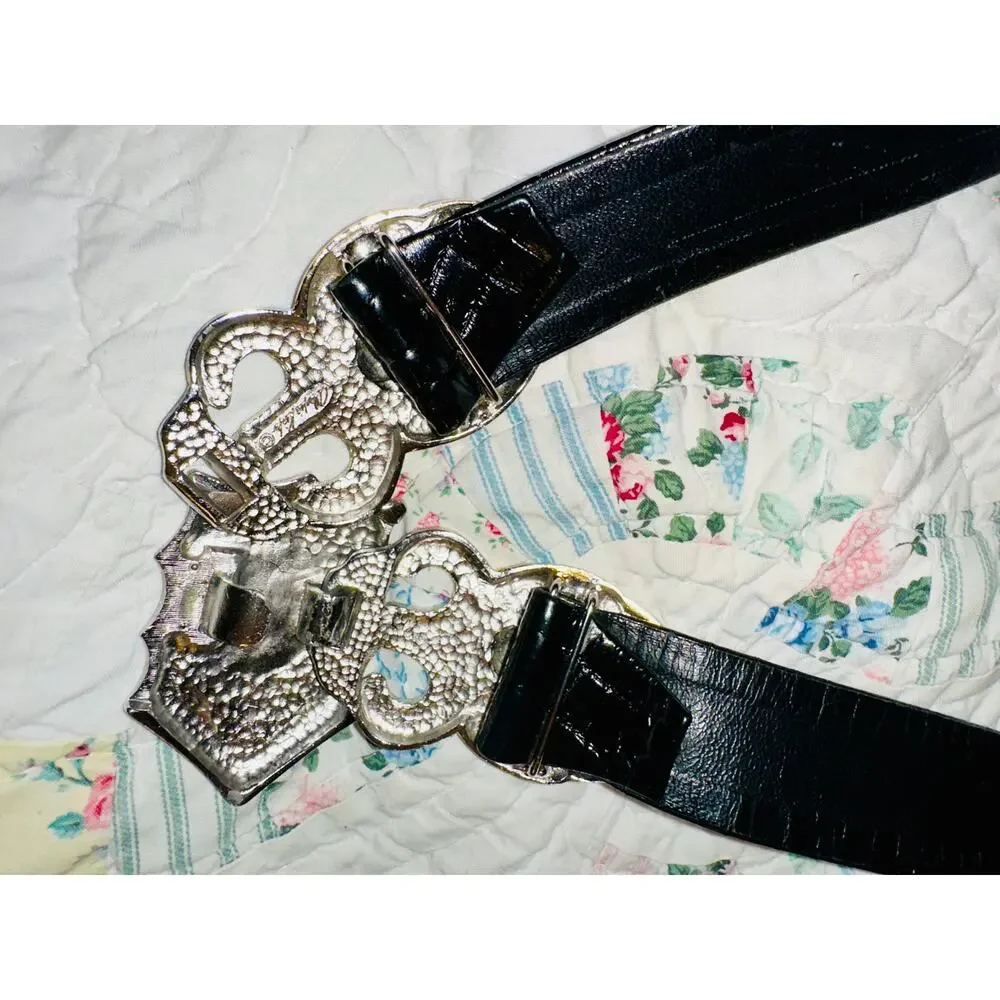 VINTAGE ALEXIS KIRK DESIGNER ALLIGATOR GOLD SILVER BUCKLE ADJUSTABLE SIZE BELT